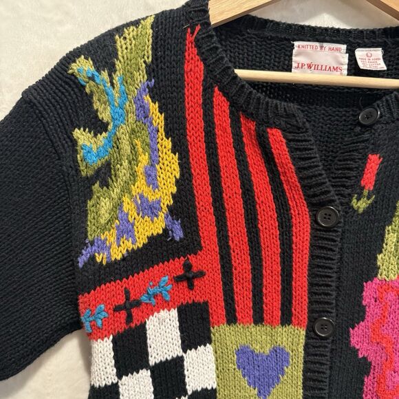 VTG 90s Cardigan Sweater JP Williams Wearable Art Patchwork Artsy Bright Funky L - Picture 9 of 12